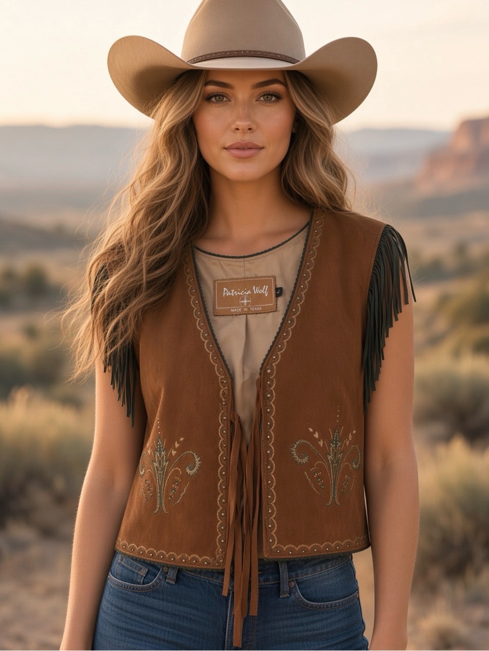 Patricia Wolf hand painted brown leather vest with black fringe RTL $395 L EUC